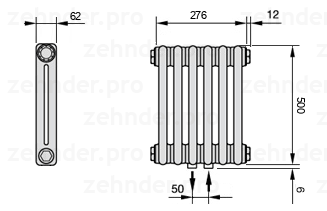 Схема (чертеж) Радиатор Zehnder Charleston 2050/6 №5410 Белый глянцевый RAL 9016